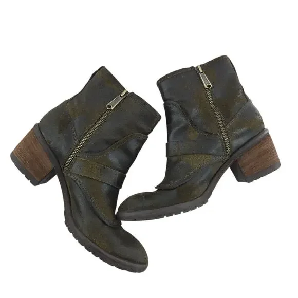 Donald J Pliner Delta Ankle Boots Womens 7 Distressed Olive Green Camo Moto Boho